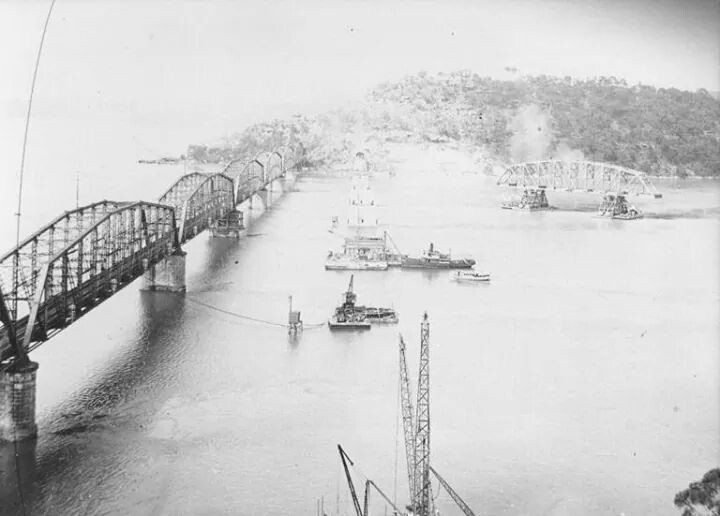 1945 Floating a span of the second Hawkesbury River Railway Bridge into place