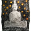 Buddha does it again 60x55 collage and charcoal